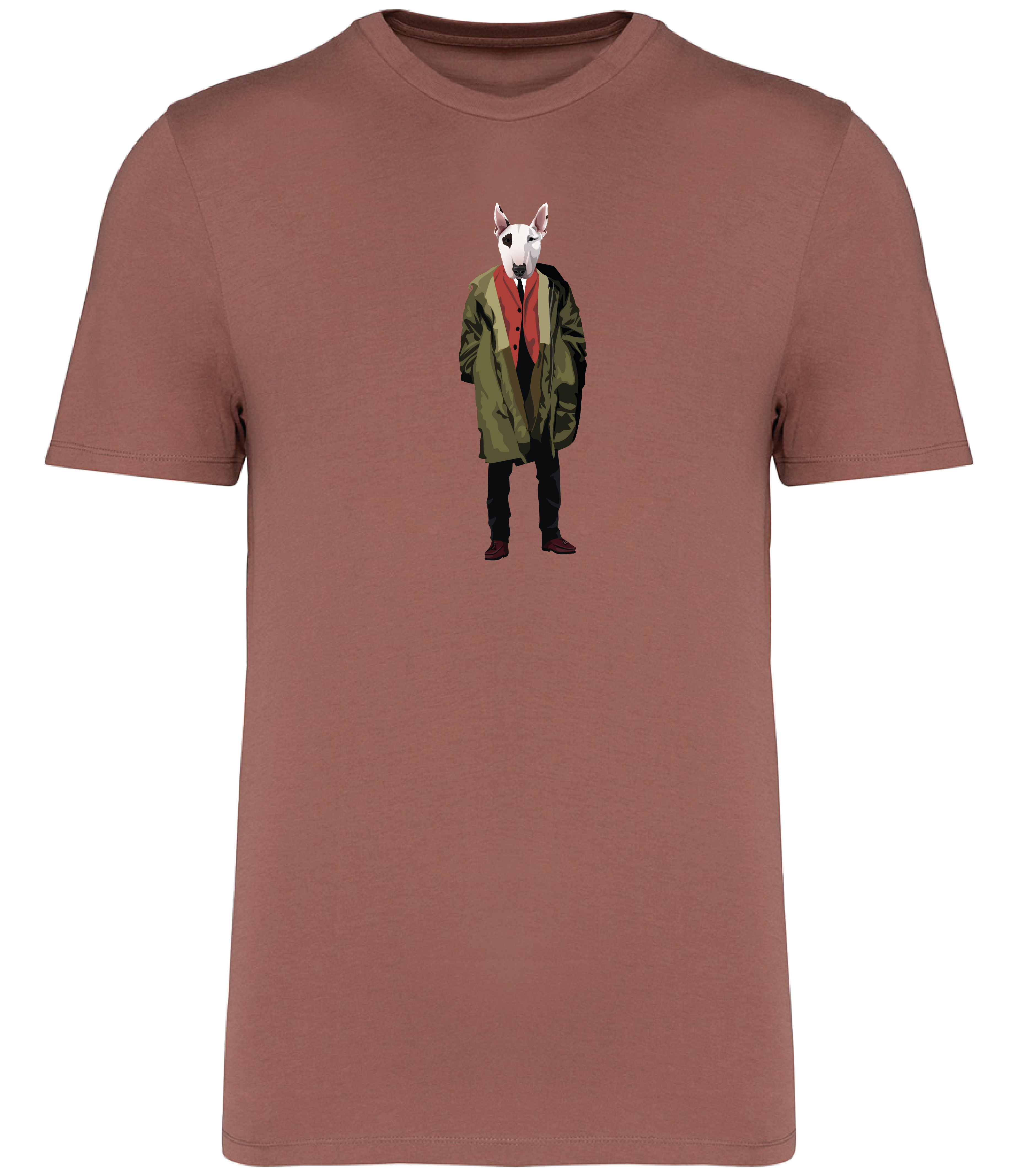 Sienna T-shirt printed with English Bull Terrier Dog wearing a green Parka Jacket and red waistcoat
