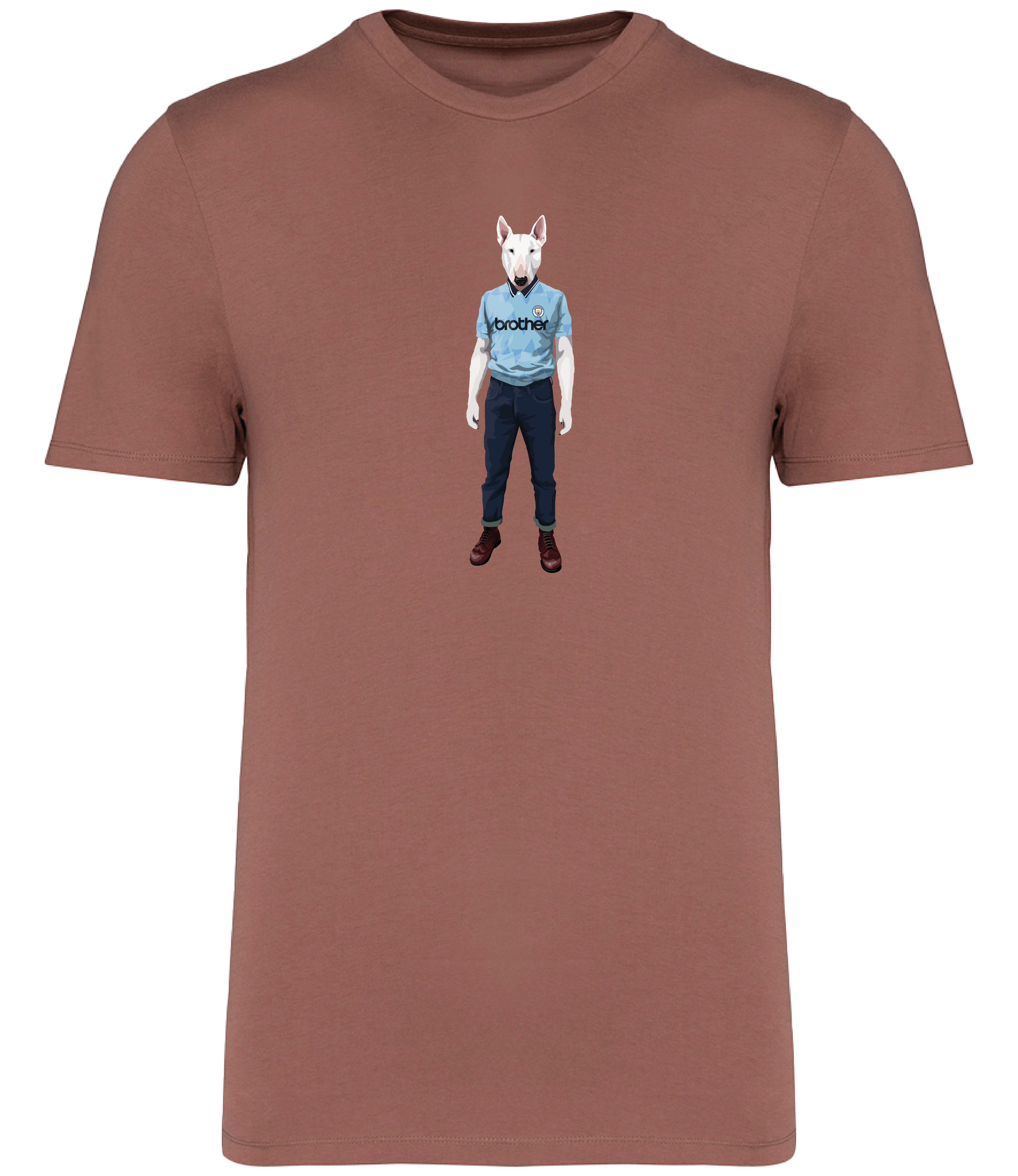 Sienna T-shirt printed with an English Bull Terrier Dog wearing a Manchester City Football Shirt and Jeans