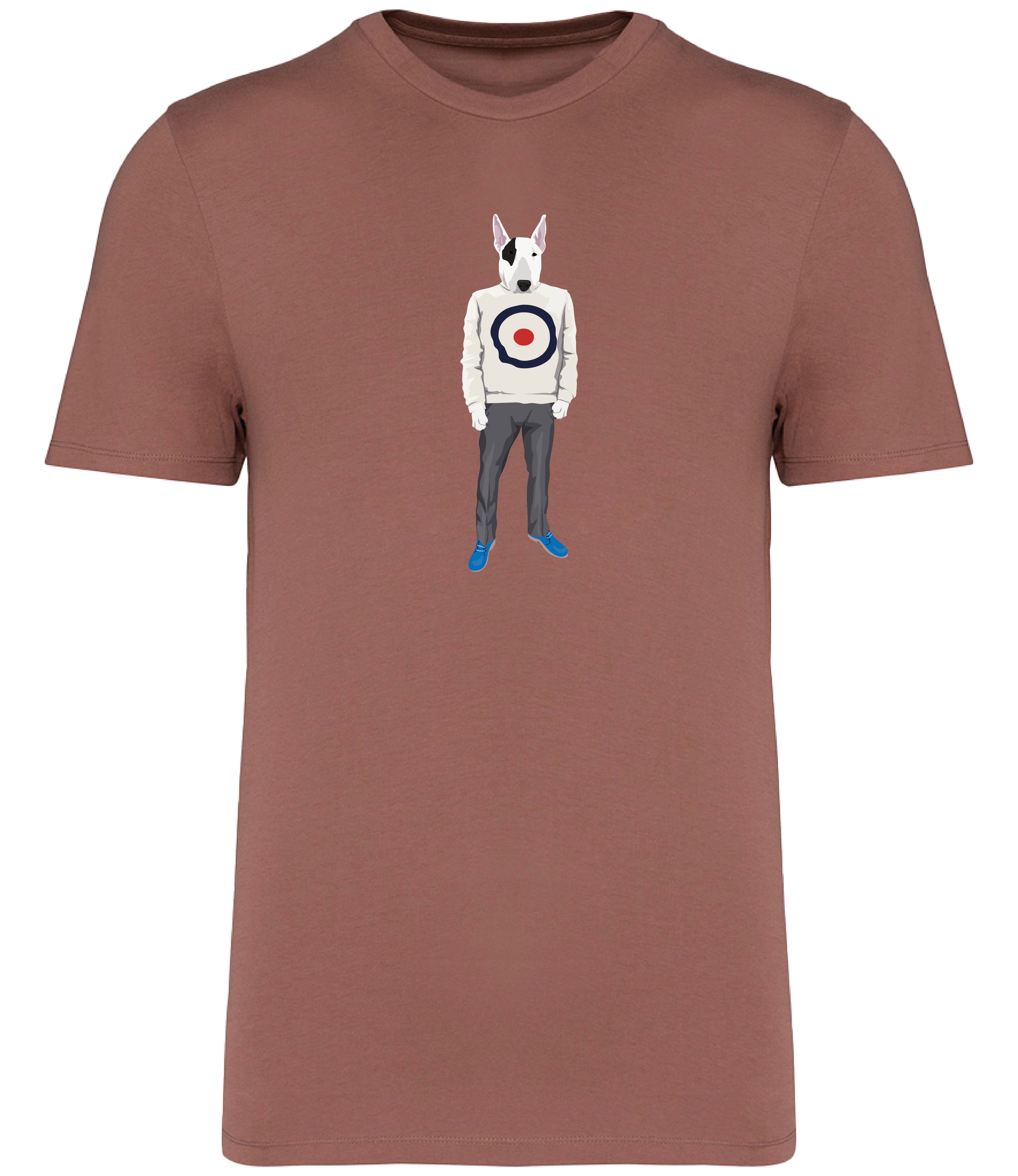 Sienna T-shirt Printed with an English Bull Terrier Dog wearing a jumper with a target on it, grey trousers and blue shoes