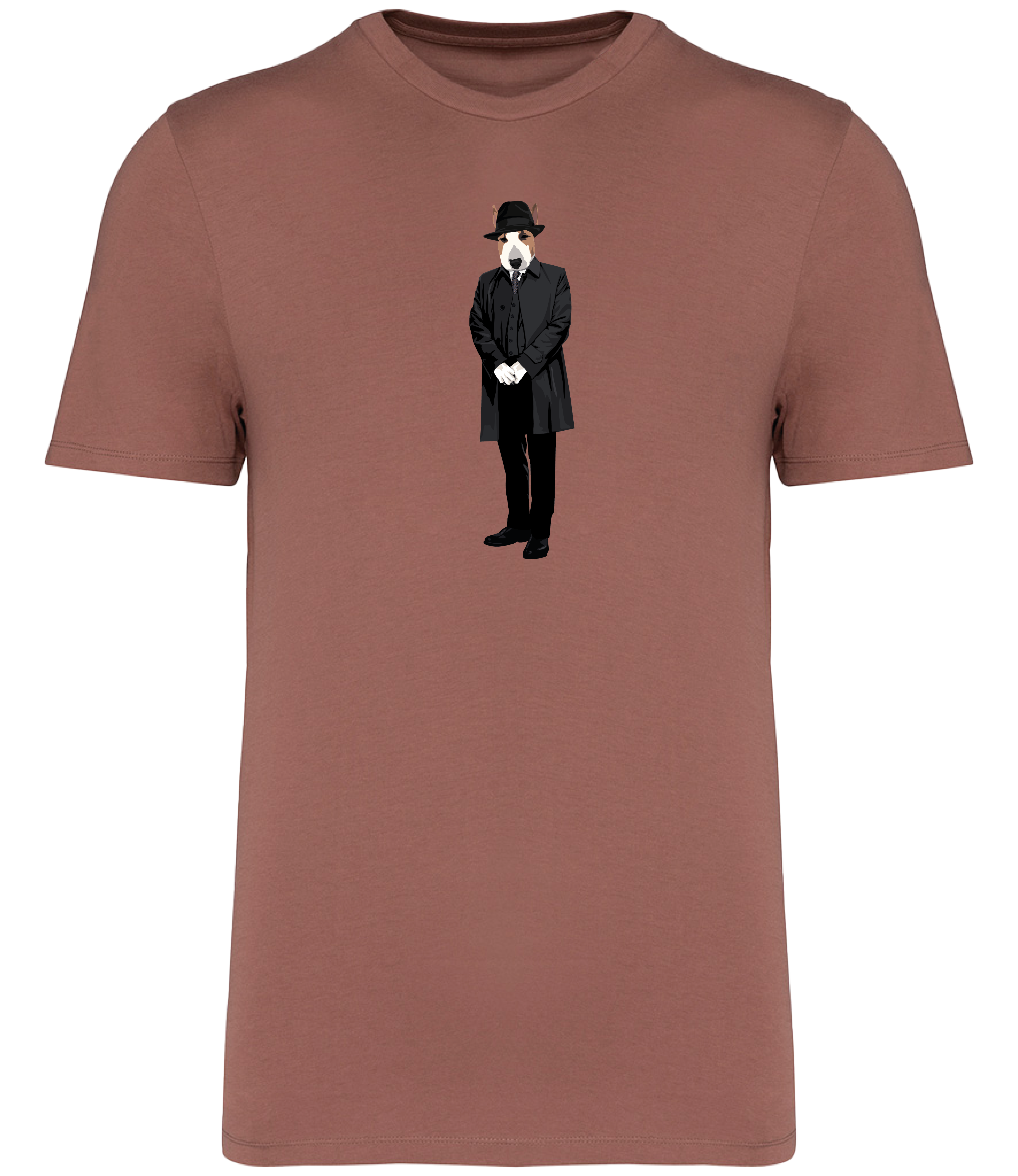 Sienna T-shirt English Bull Terrier Dog dressed in a hat and long grey trench coat