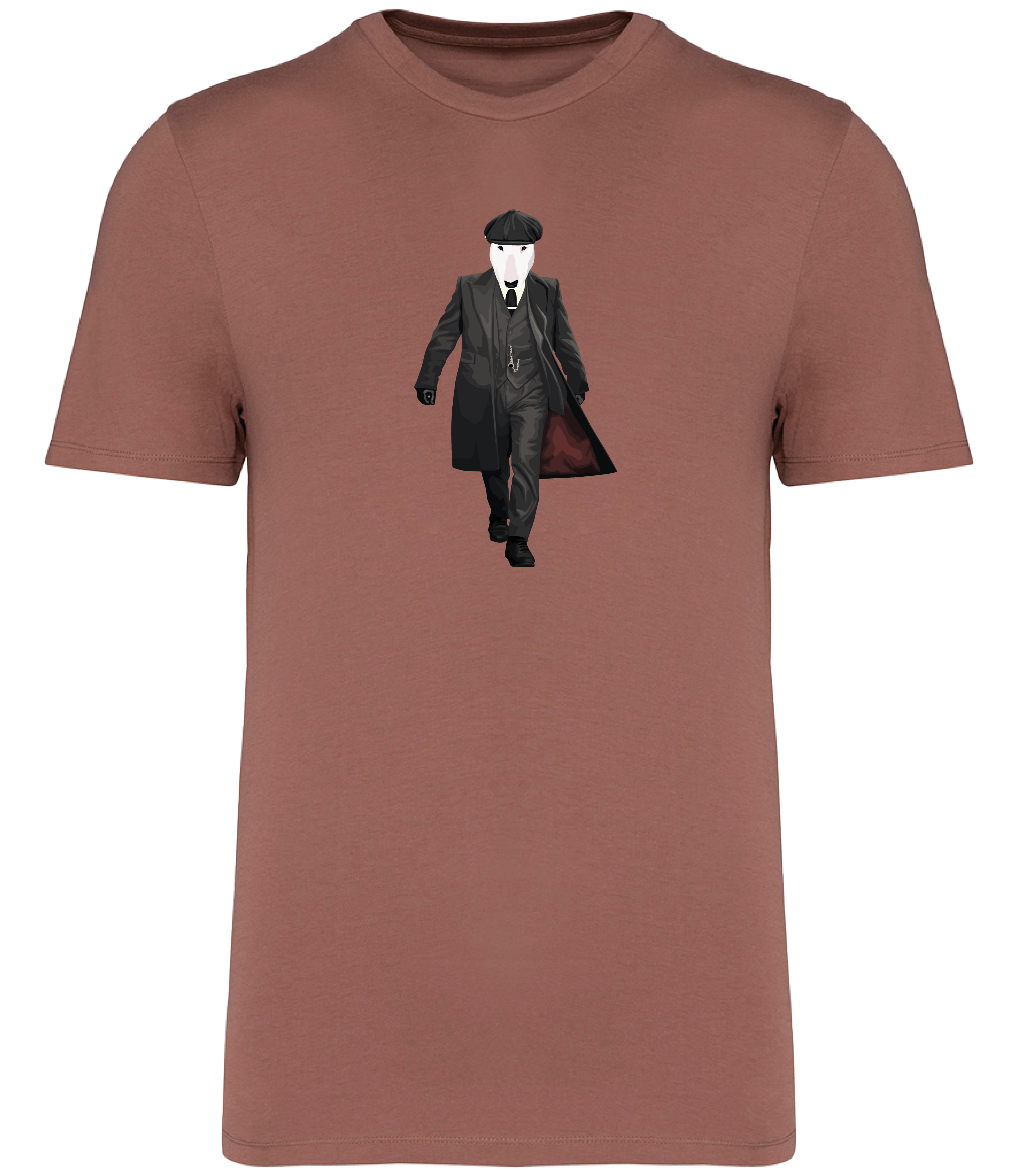 Sienna T-shirt printed with an English Bull Terrier Dog dressed as the character Thomas Shelby from the TV series Peaky Blinders