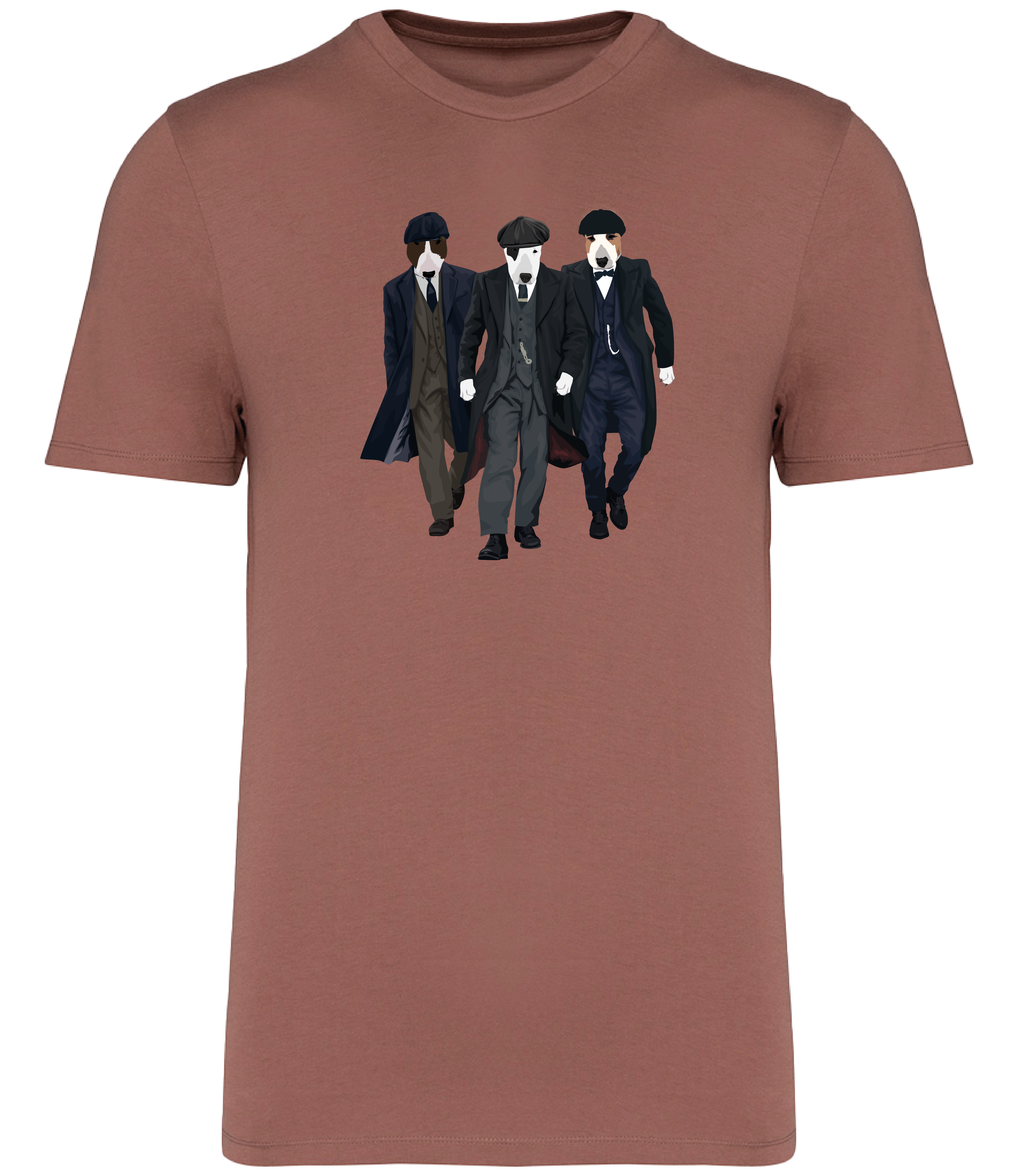 Sienna T-shirt printed with 3 English Bull Terrier Dogs dressed as the characters from the TV series Peaky Blinders