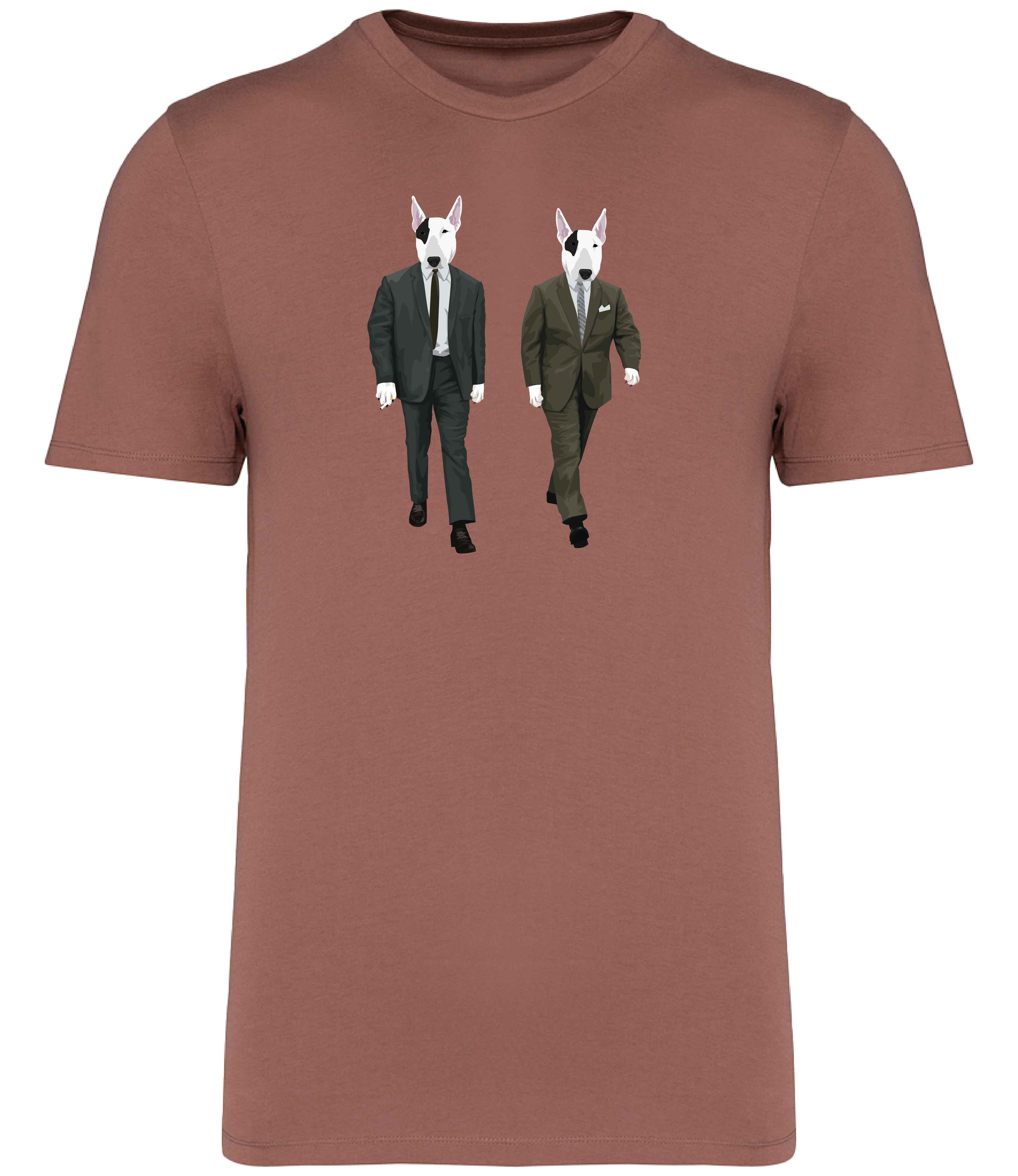 Sienna T-shirt printed with 2 identical looking English Bull Terrier Dogs wearing suits and ties
