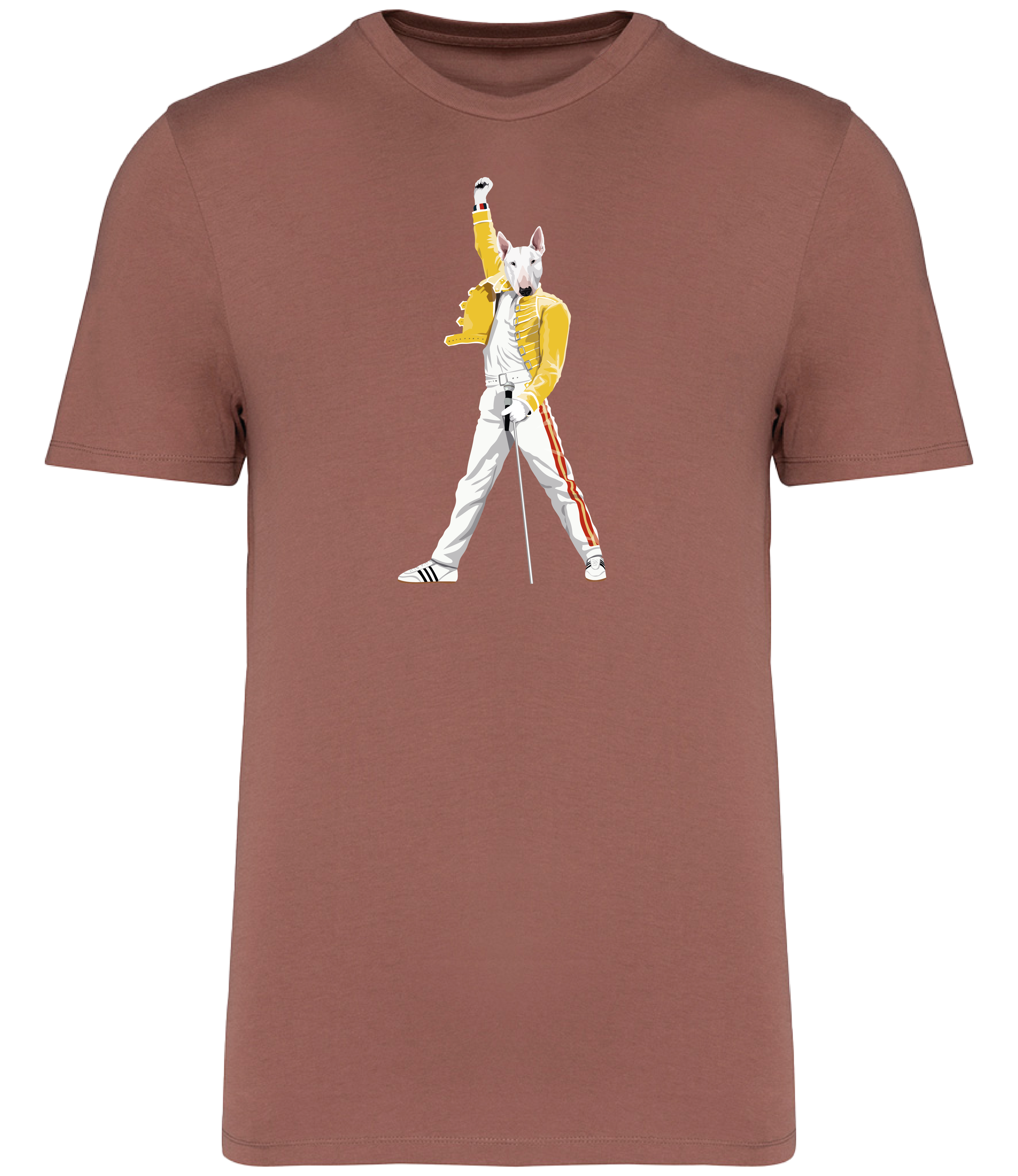 Sienna T-shirt printed with an English Bull Terrier Dog Dressed up like the pop Icon Freddie mercury holding a microphone
