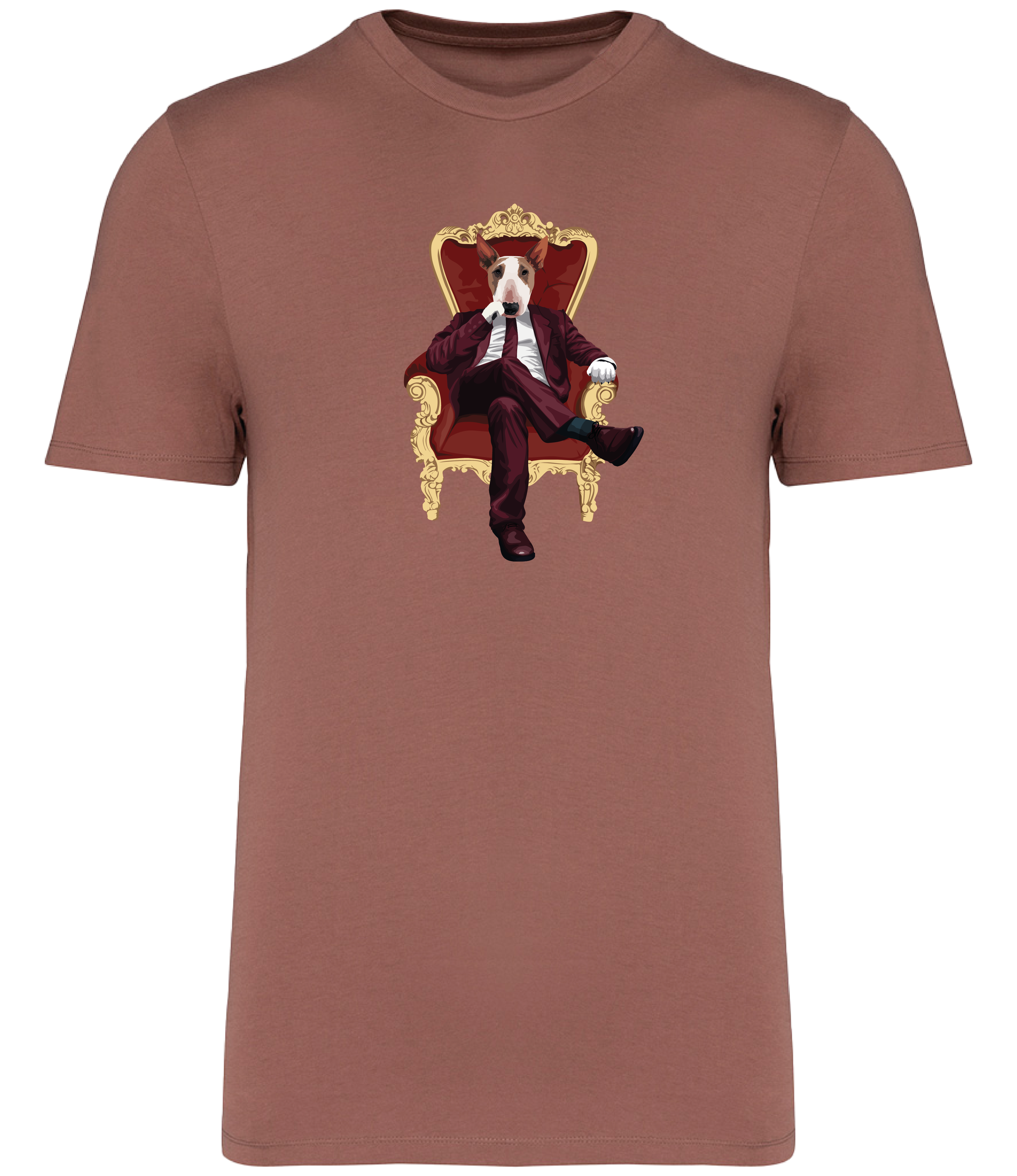 Sienna T-shirt printed with and English Bull Terrier Dog wearing a red suit and tie sitting in a big gold and red throne type chair
