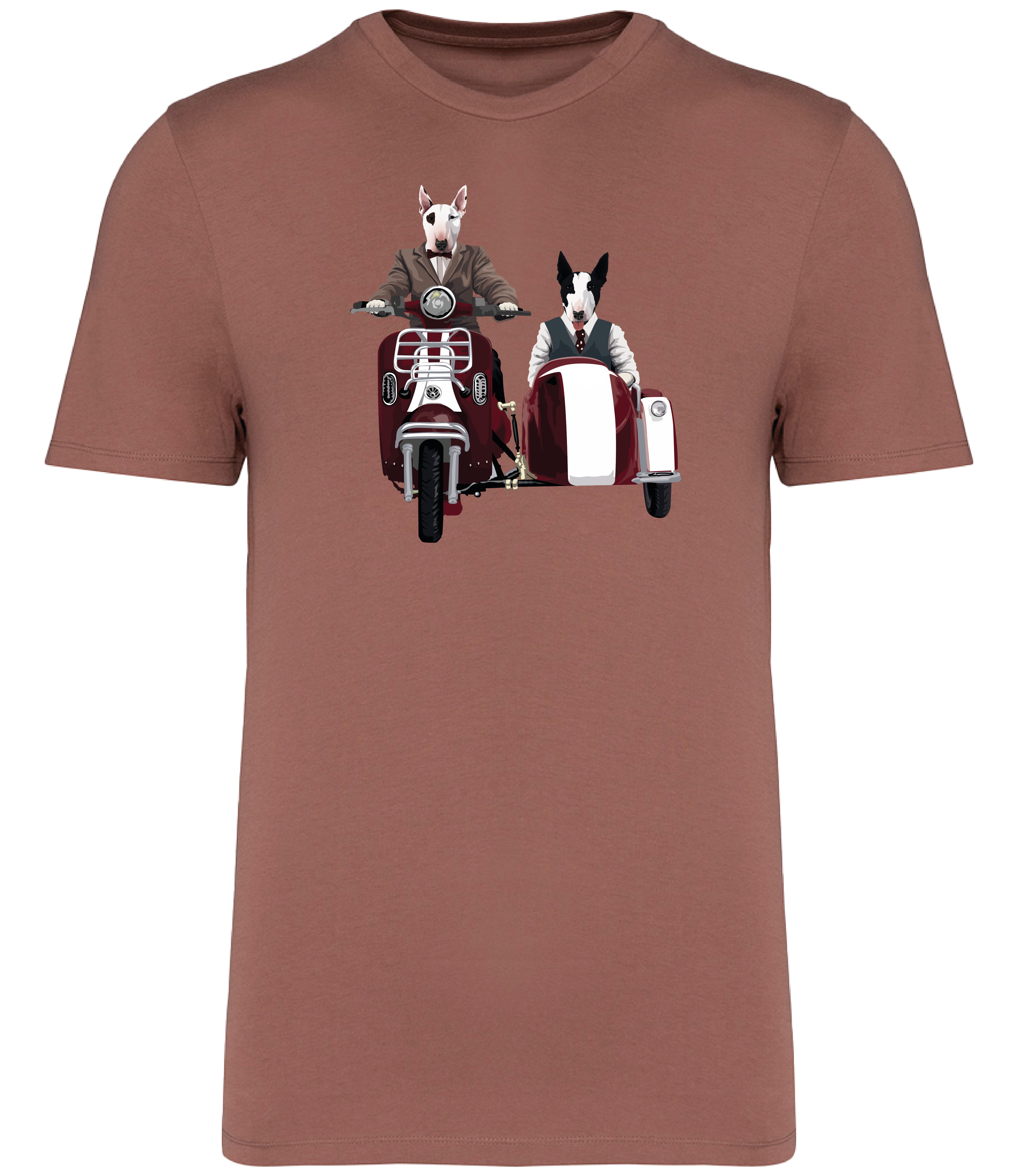 Sienna T-shirt printed with an English Bull Terrier riding a Motorcycle and side car and another English Bull Terrier riding in the sideca