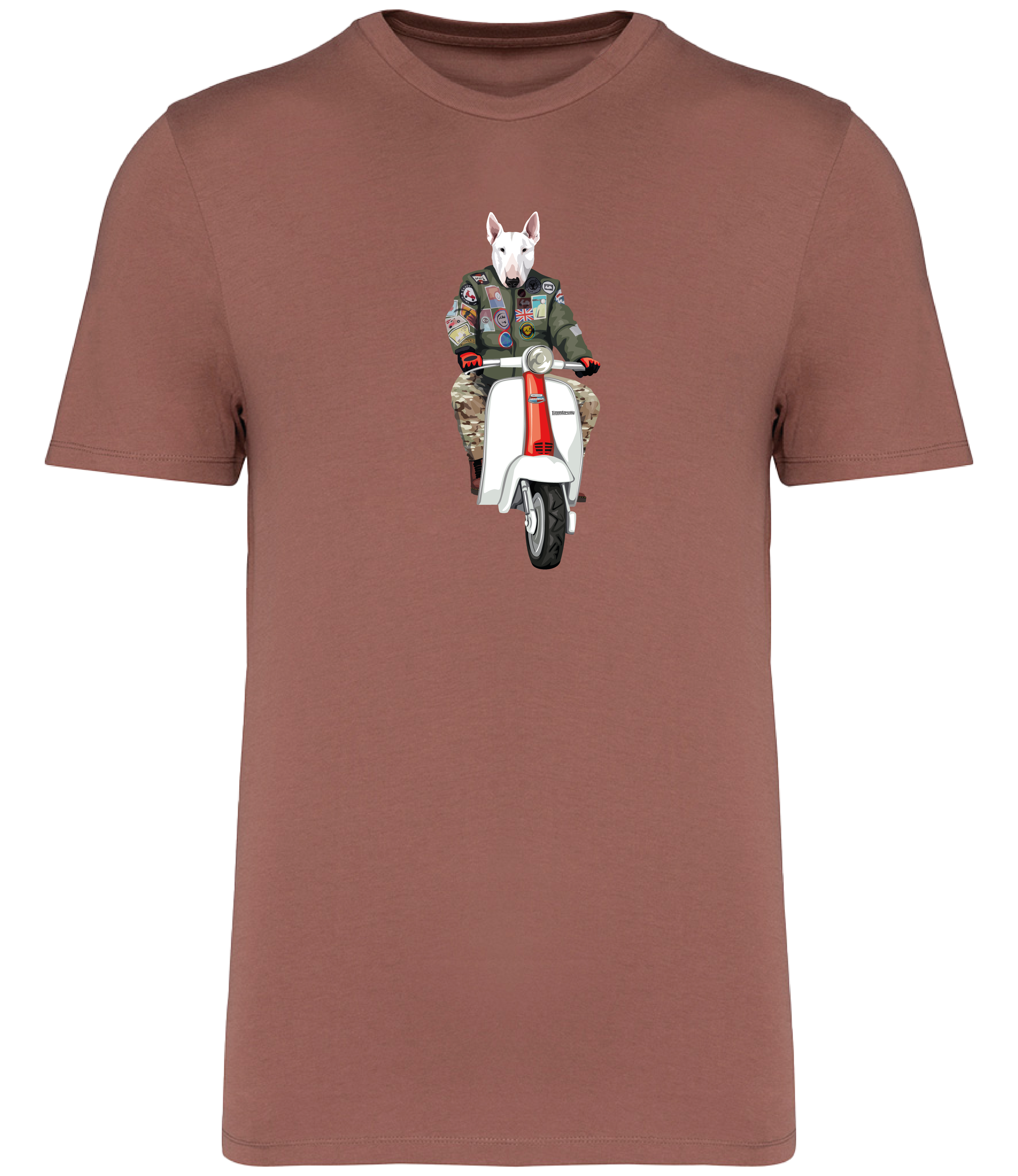 Sienna T-shirt printed with an English Bull Terrier Dog wearing a flight jacket riding a Scooter 
