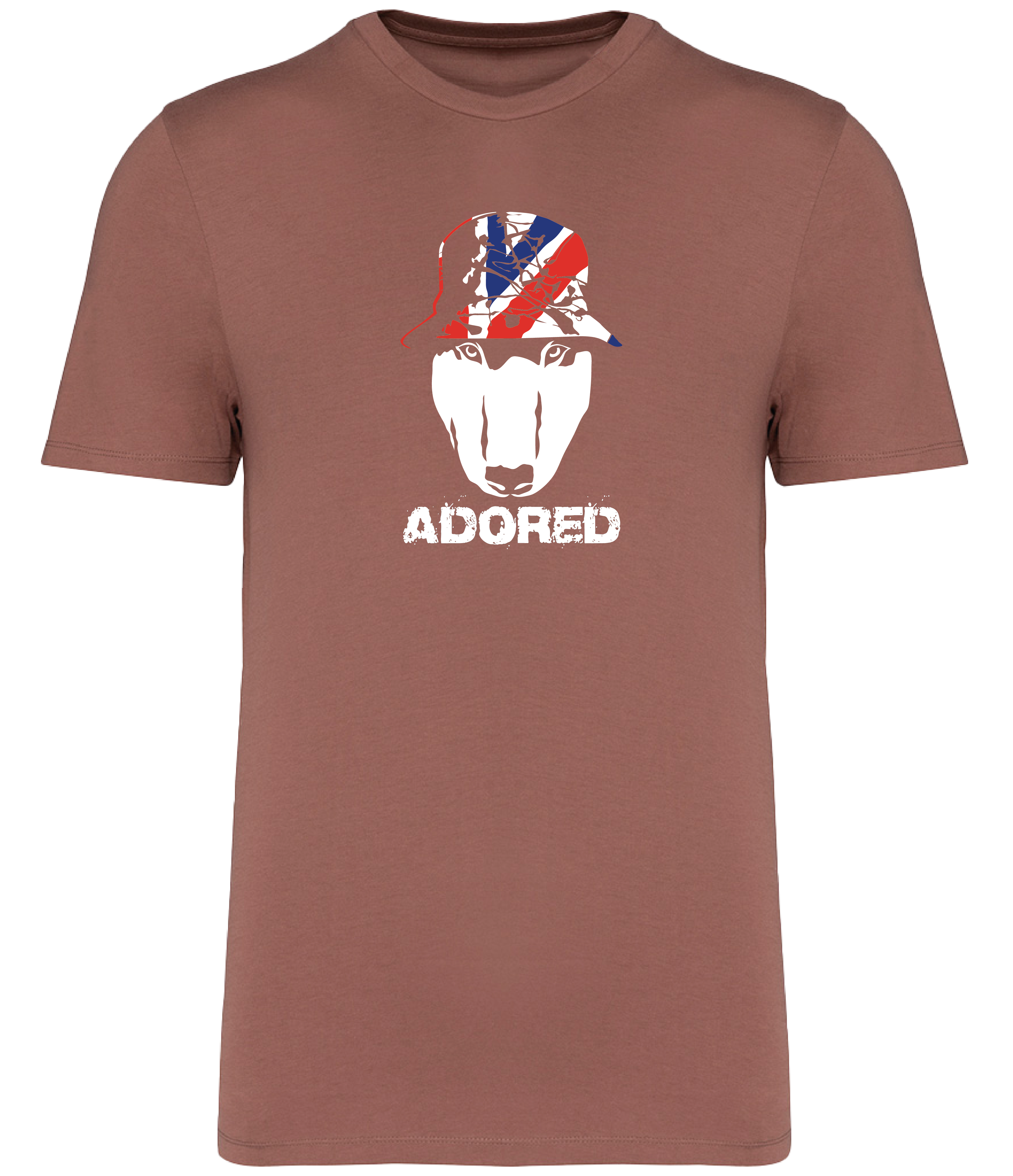 Sienna colour t-shirt with short sleeves and a crew neckline featuring an English Bull Terrier face design wearing a union jack hat and the word Adored underneath