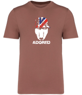 Sienna colour t-shirt with short sleeves and a crew neckline featuring an English Bull Terrier face design wearing a union jack hat