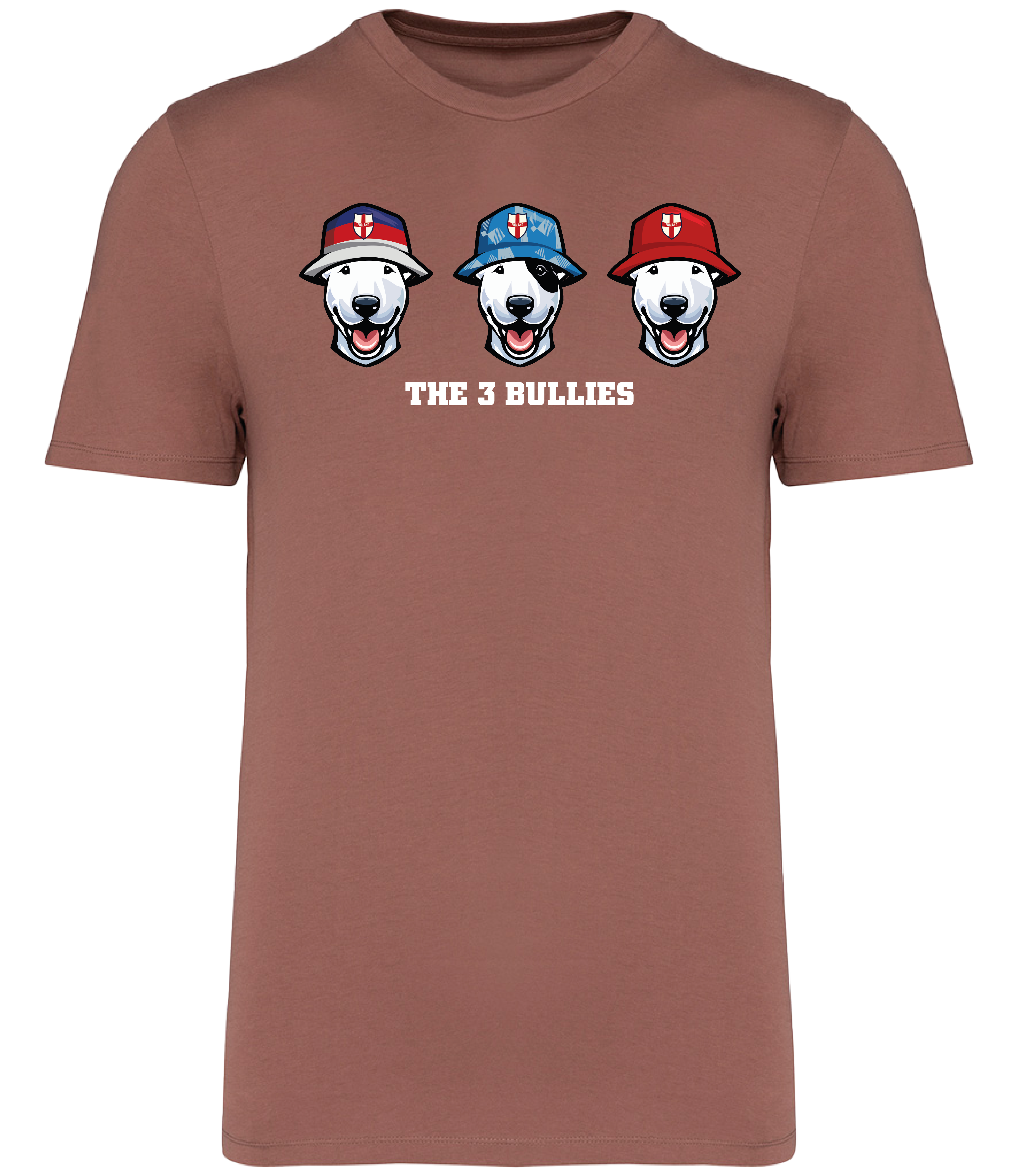 Sienna T-shirt printed with 3 English Bull Terrier Heads wearing Bucket hats decorated with St Georges flags and The 3 Bullies written underneath
