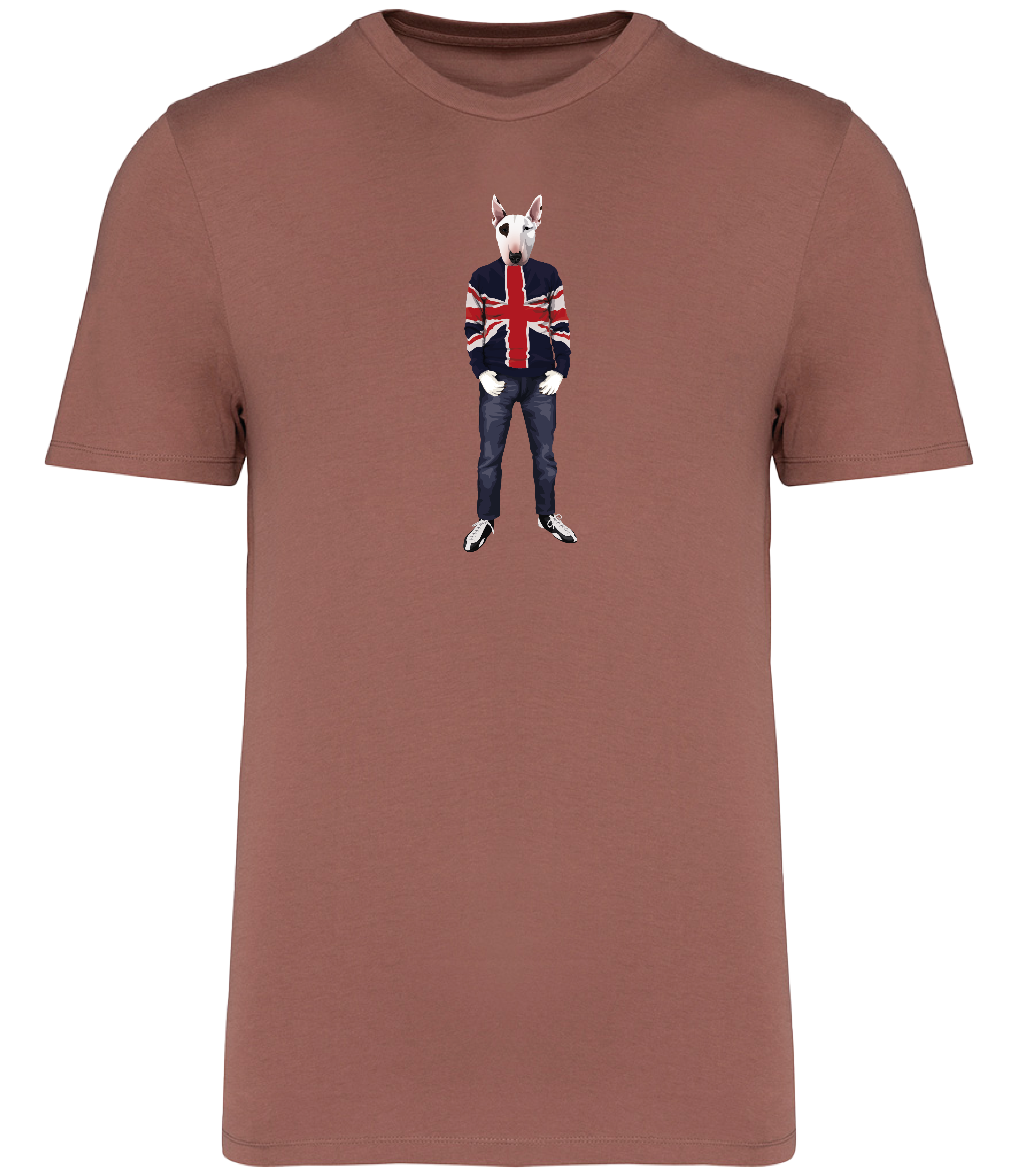 Sienna T-shirt printed with an English Bull Terrier Dog with an eye patch wearing a Union Jack jumper, jeans and trainers