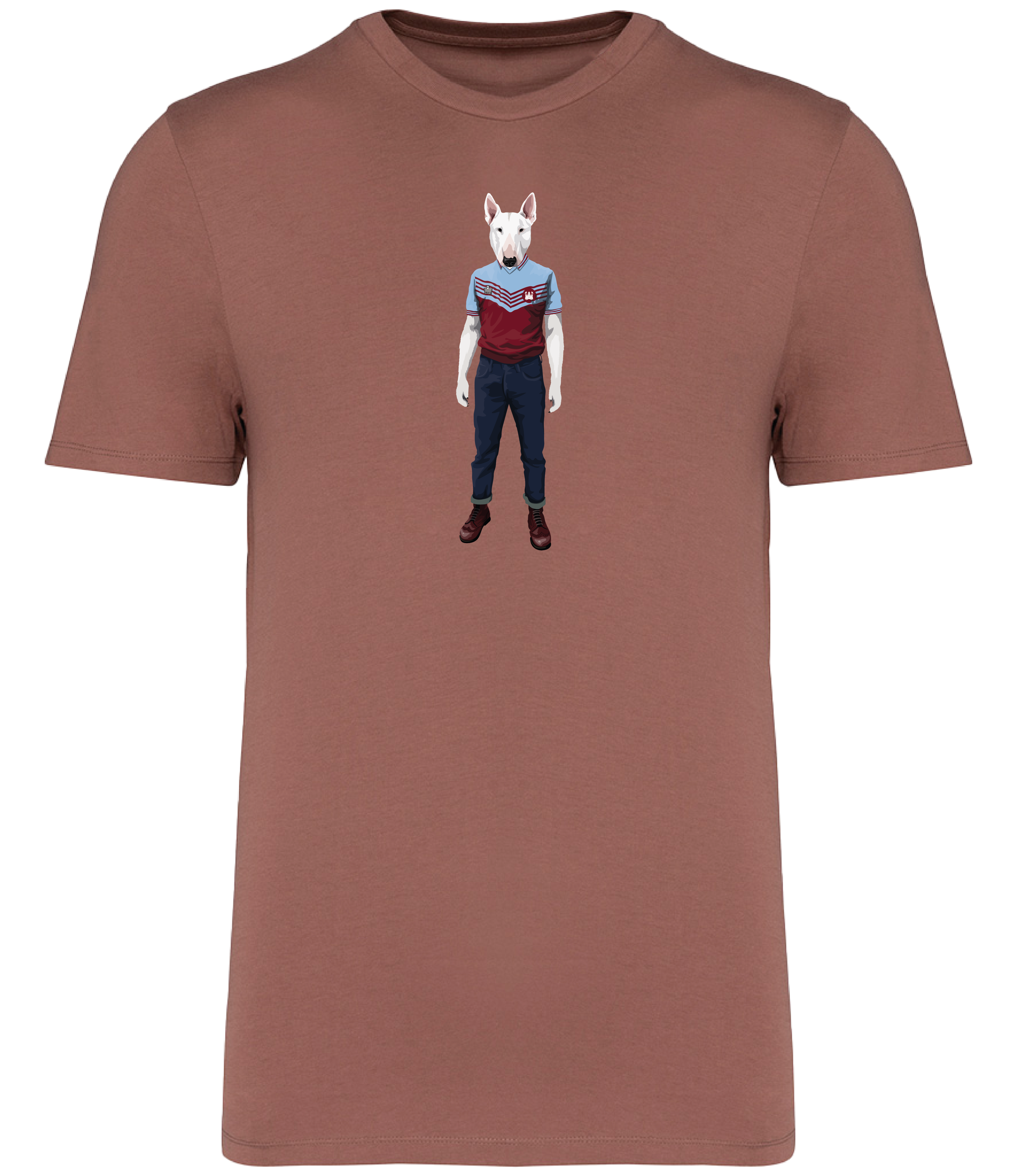 Sienna T-shirt printed with an English Bull Terrier Dog wearing a West Ham Football Top, Jeans and Boots