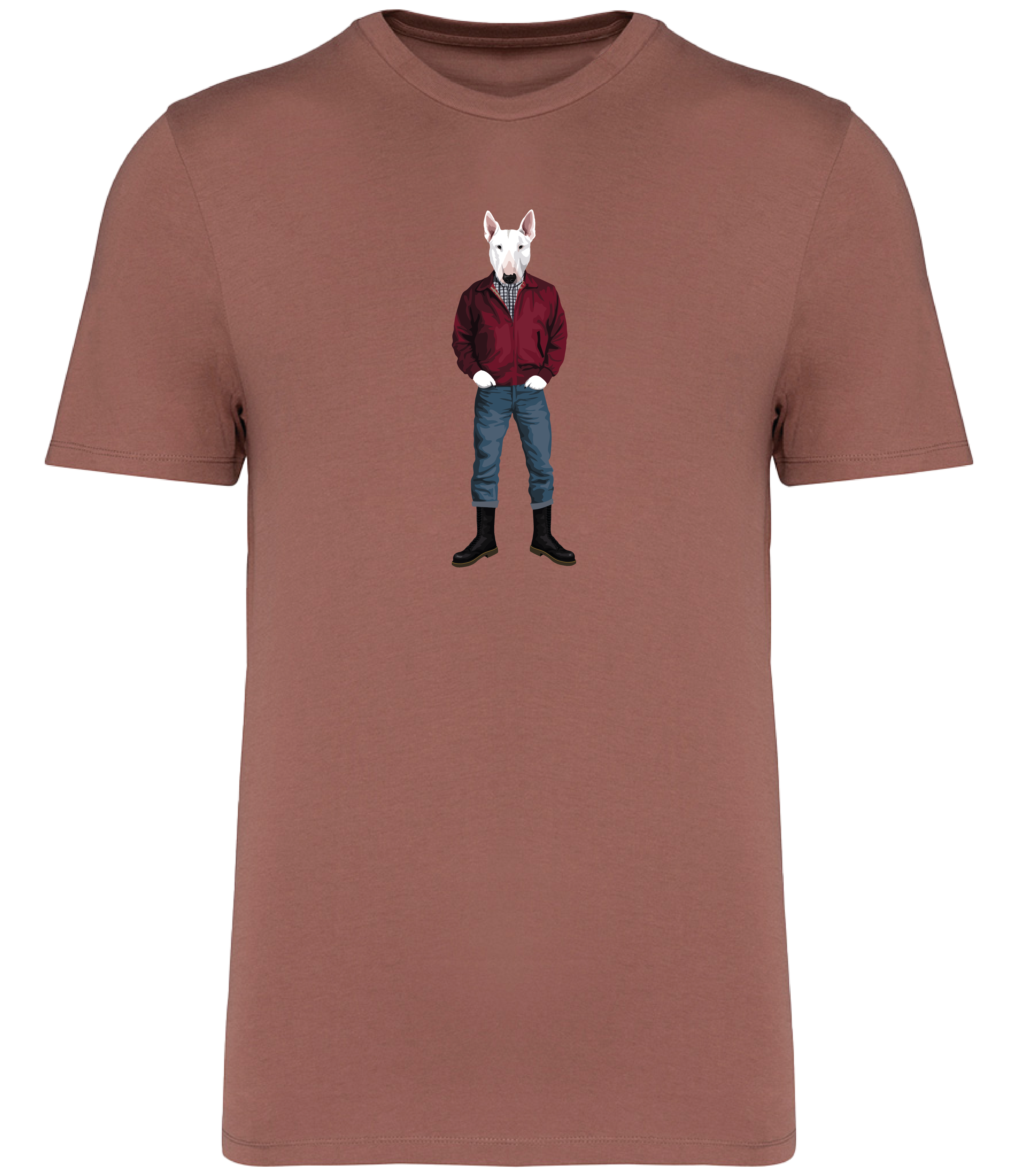 Sienna T-shirt printed with an English Bull Terrier Dog wearing a red jacket, rolled up jeans and boots