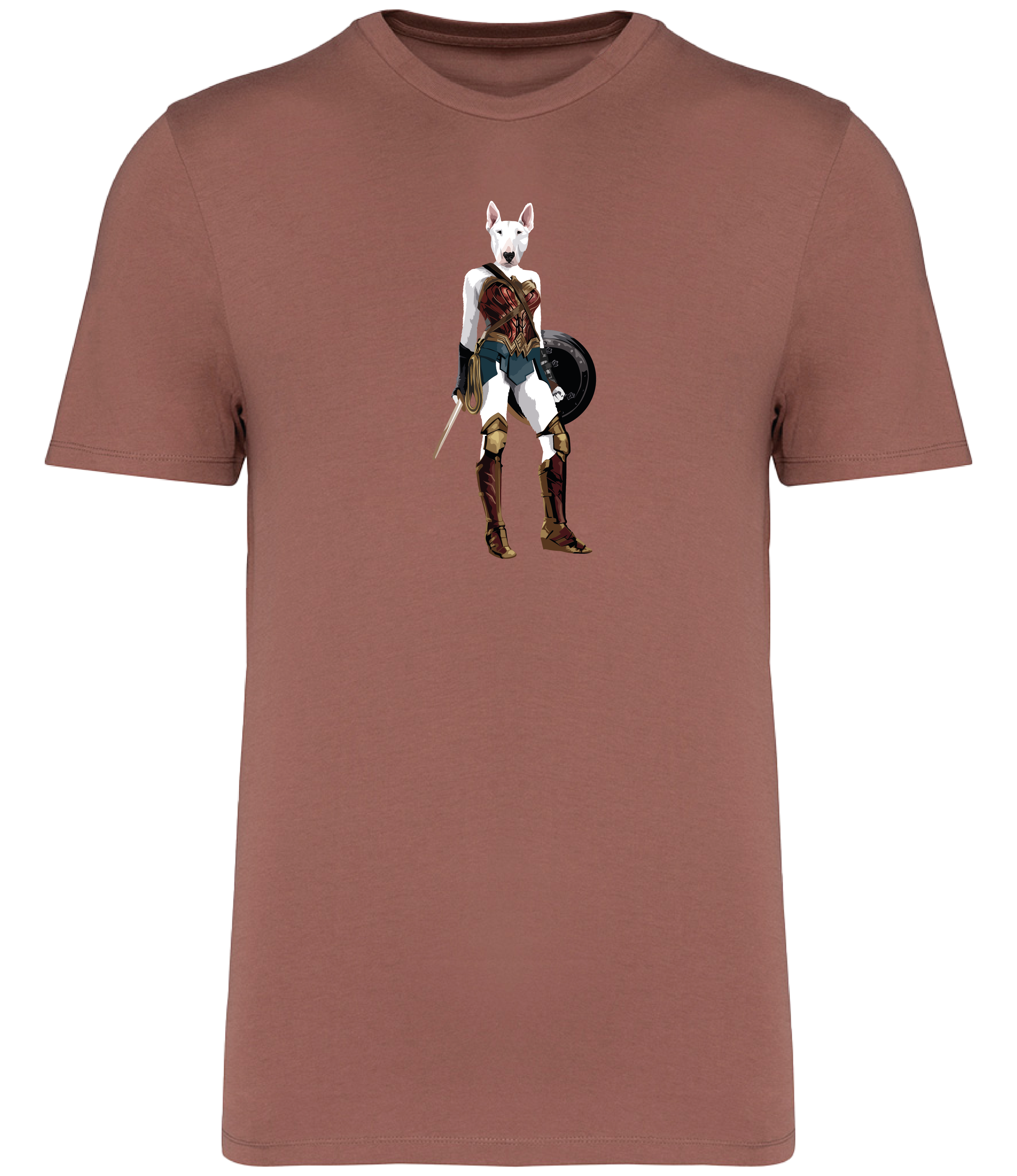 Ronnies Casuals Sienna T-shirt printed with an English Bull Terrier Dog dressed up as Wonder Woman holding a shield and sword