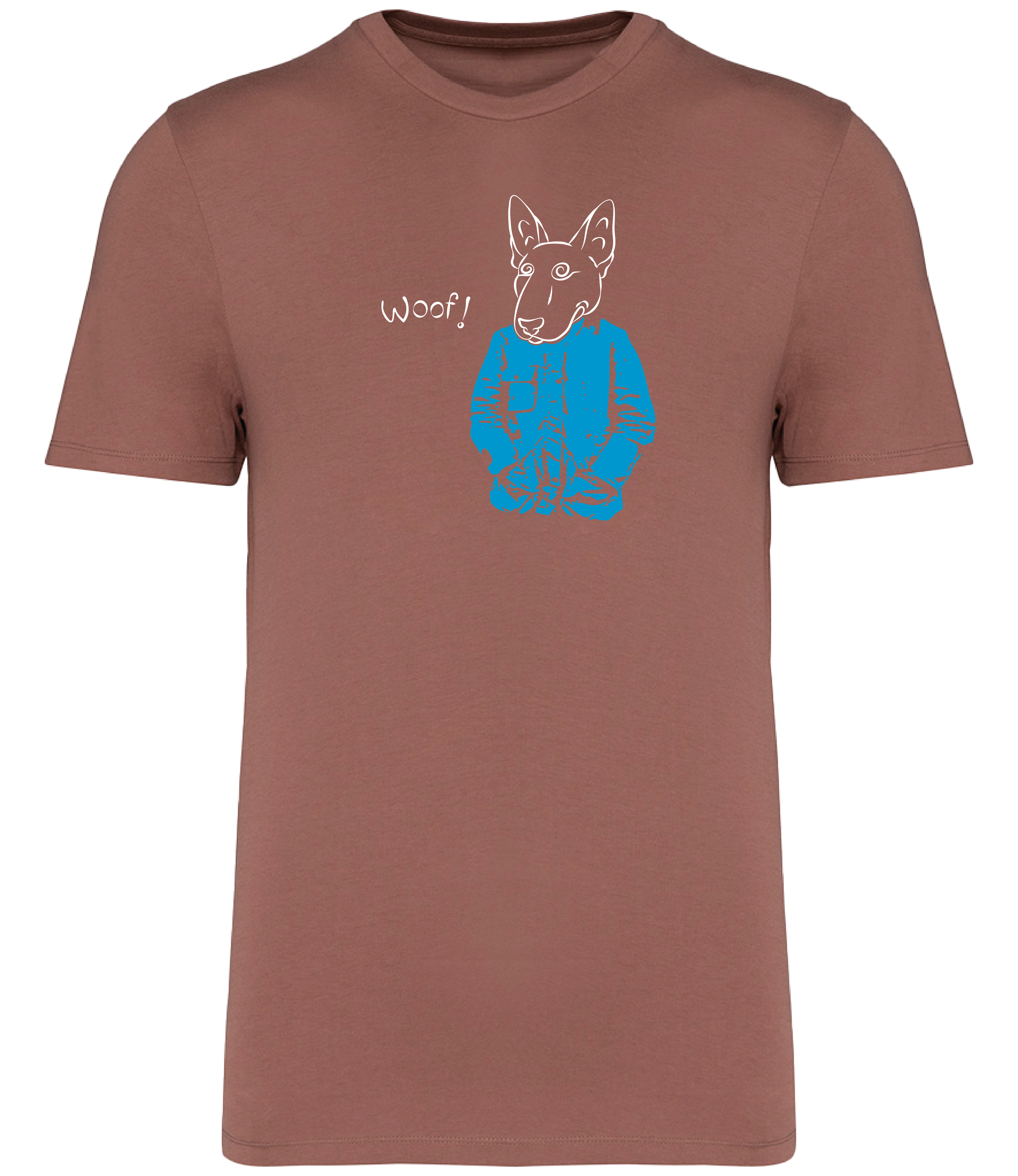 Sienna T-shirt printed with a drawing of an English Bull Terrier Dog wearing a blue jacket and the word woof 