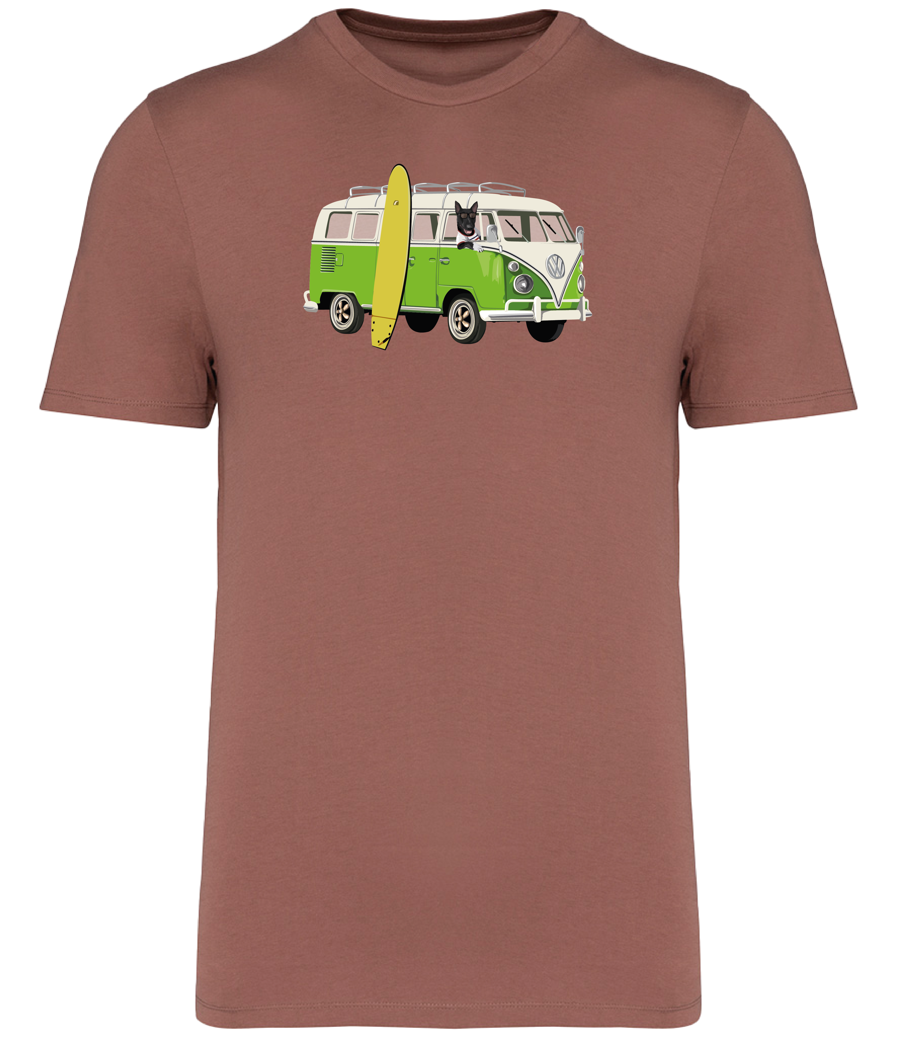 Sienna T-shirt printed with and English Bull Terrier Dog in a camper van with a surf board