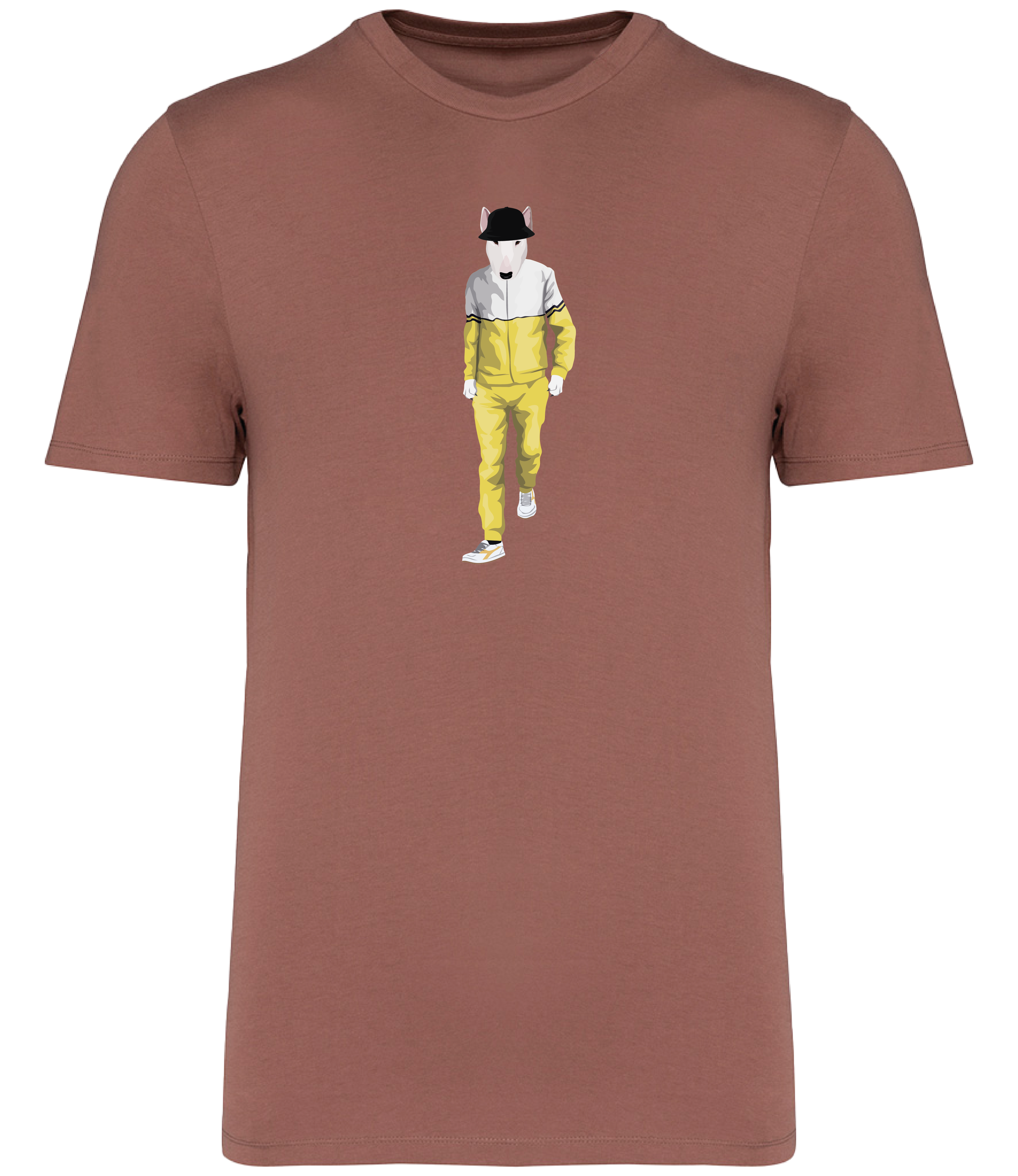 Sienna T-shirt printed with an English Bull terrier Dog wearing a yellow and white tracksuit, trainers and a black bucket hat