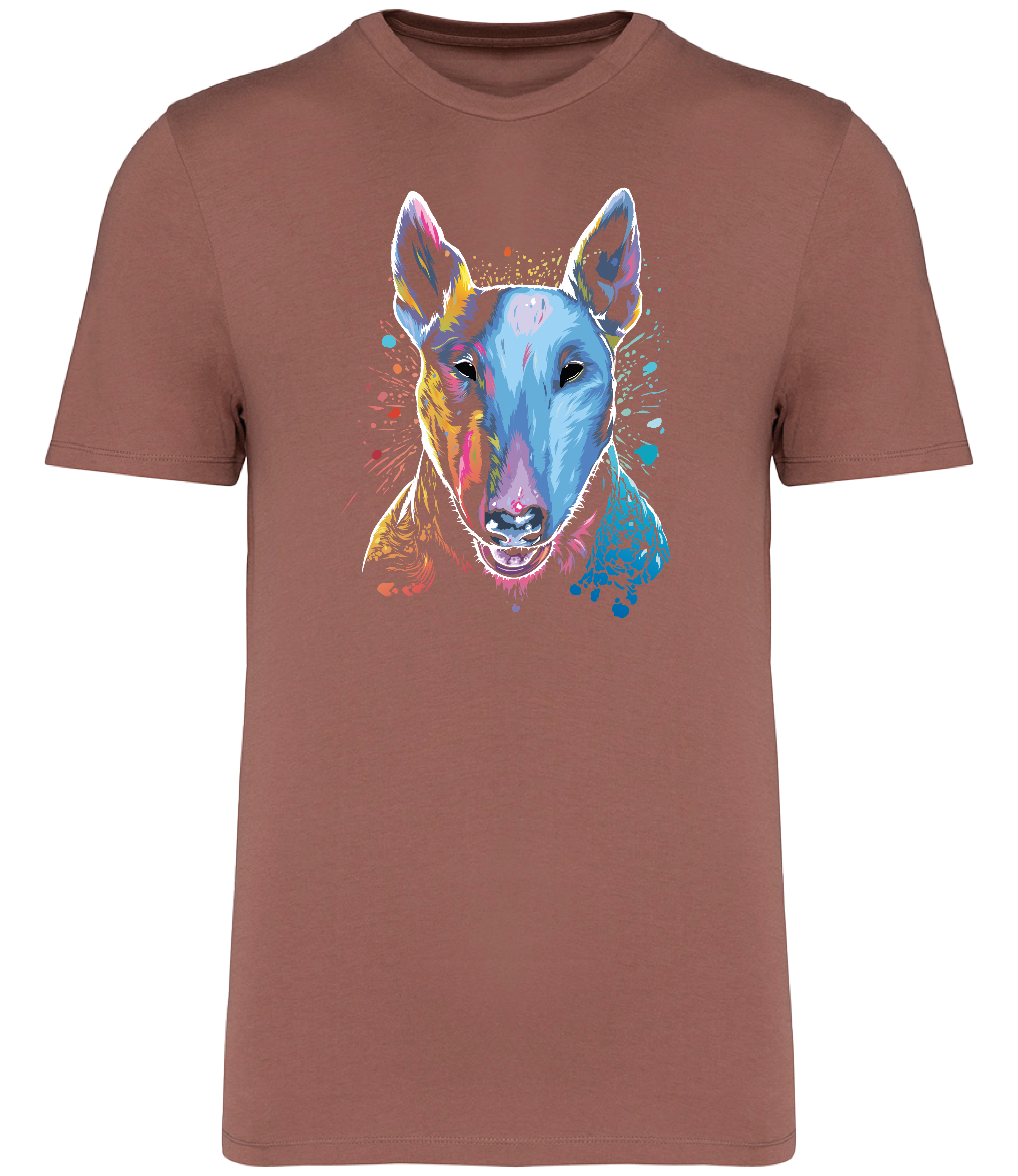 Sienna T-shirt printed with an English Bull Terrier Dog face in bright colours and paint splashes 