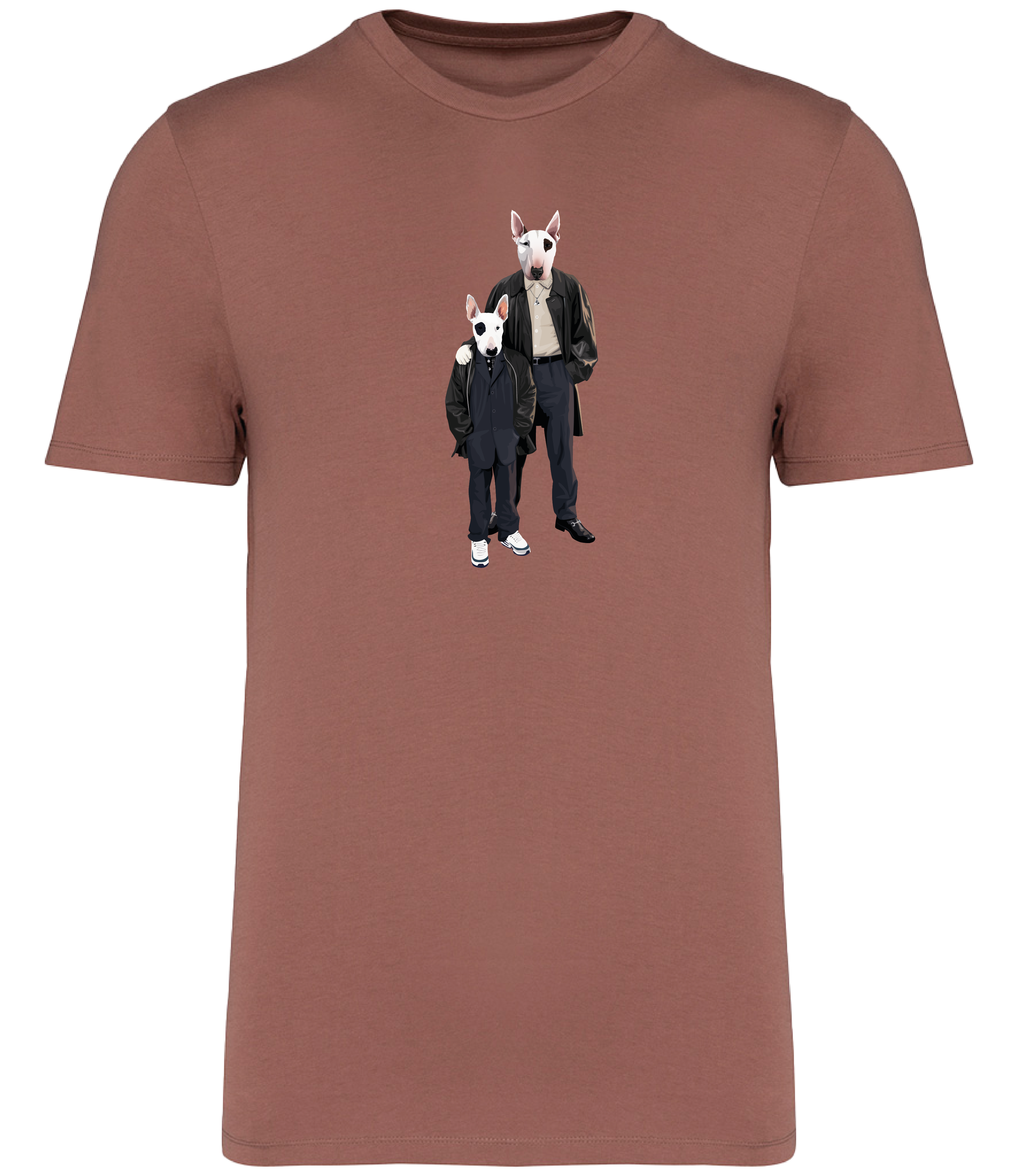 Sienna T-shirt printed with an adult and boy English Bull Terrier Dogs wearing suits and leather jackets
