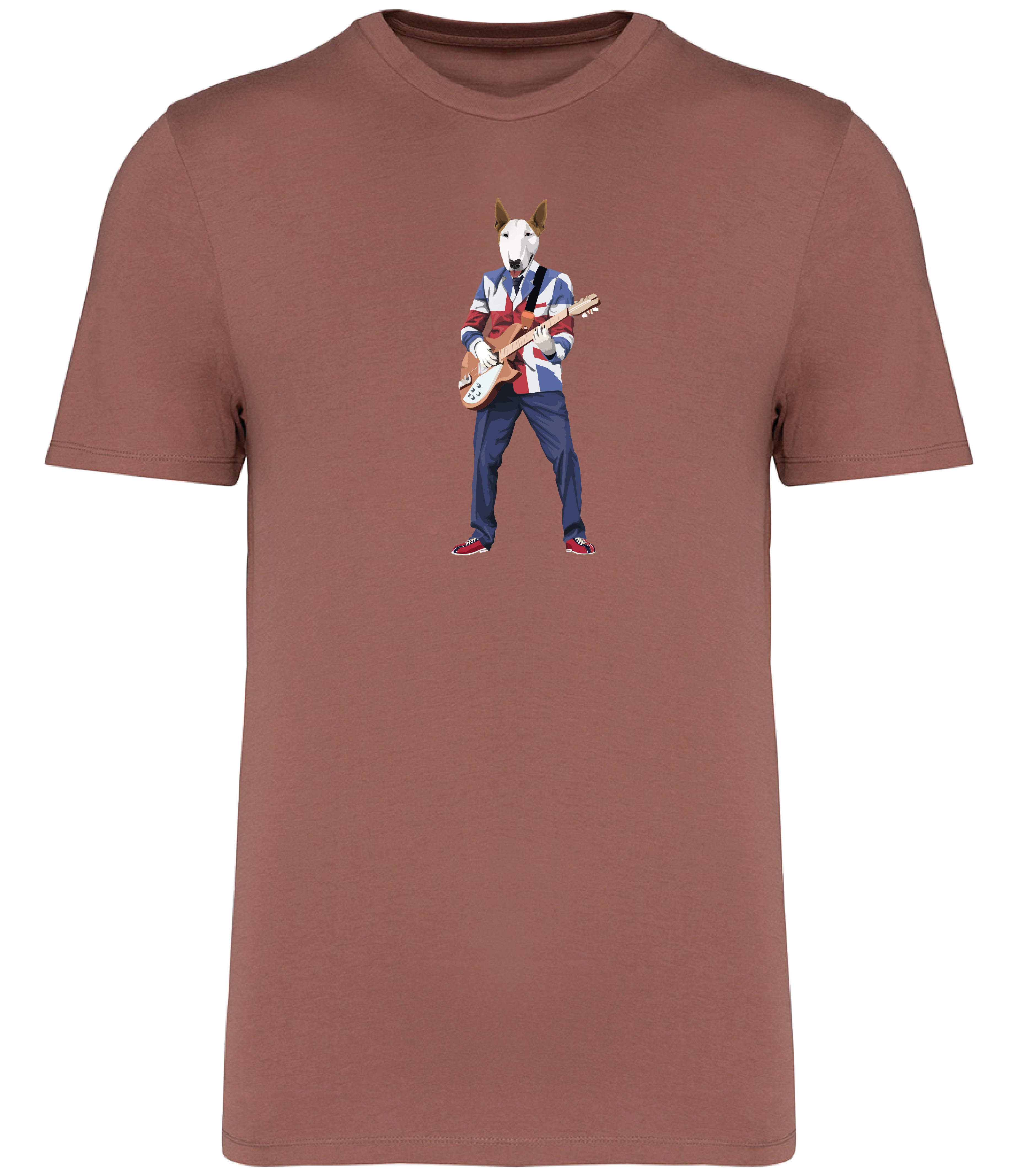 Sienna T-shirt printed with an English Bull Terrier Dog wearing a Union Jack jacket playing a guitar