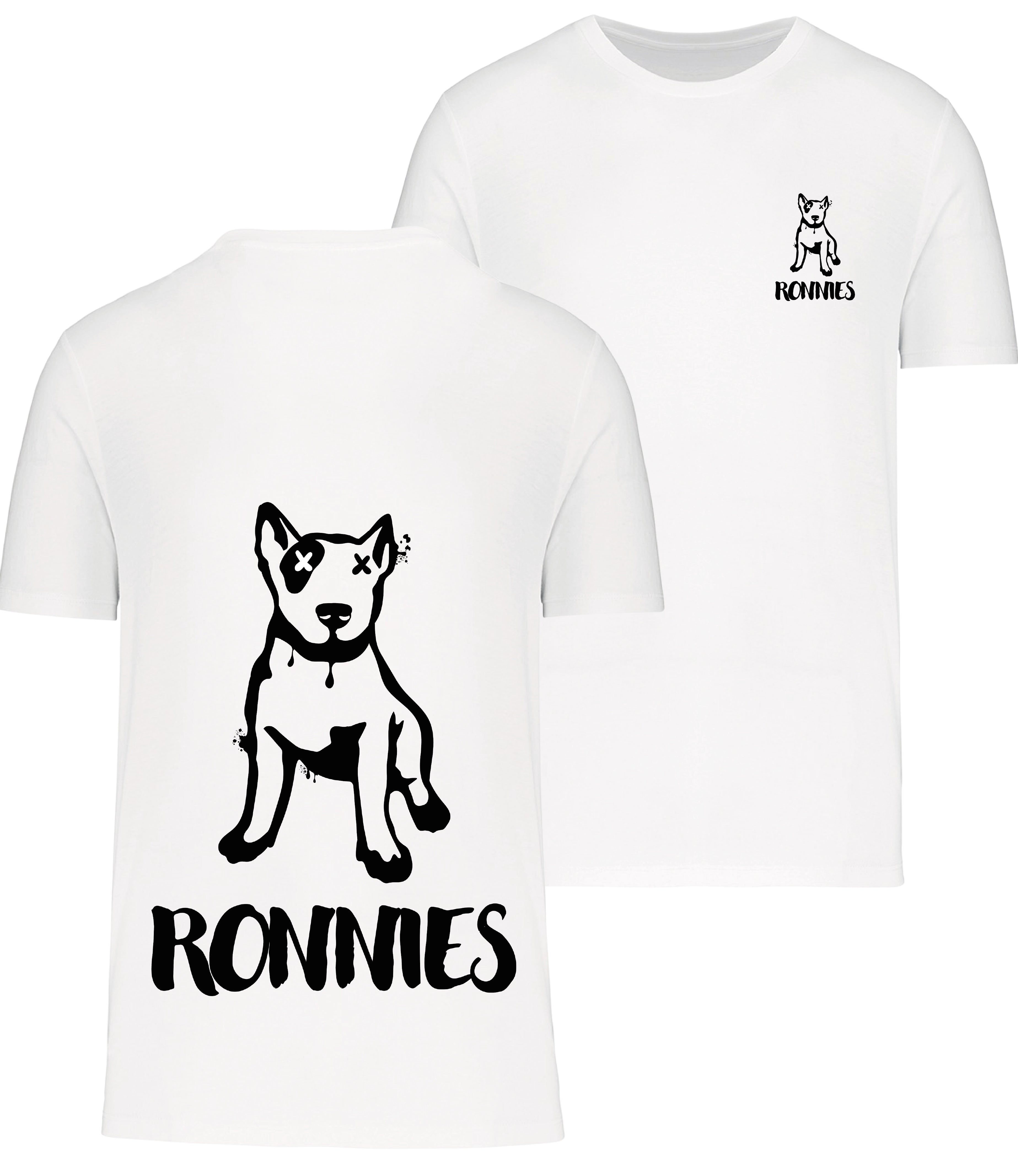 Ronnies Casuals White T-Shirt printed with a small English bull terrier dog drawing with Ronnies written underneath and the same image on the back much bigger
