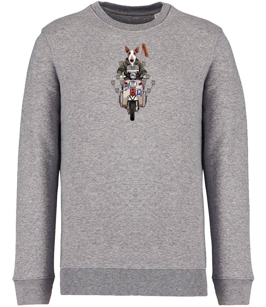 Ronnies Casuals grey sweatshirt showing an english bull terrier dog dressed as a mod riding a mod scooter. Available in S, M, L, XL, 2XL, 3XL.