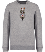 Ronnies Casuals grey sweatshirt showing an english bull terrier dog dressed as a mod riding a mod scooter. Available in S, M, L, XL, 2XL, 3XL.