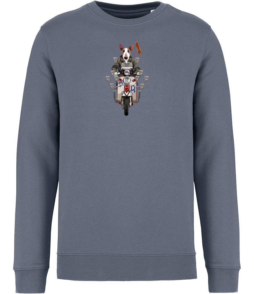 Ronnies Casuals mineral grey sweatshirt showing an english bull terrier dog dressed as a mod riding a mod scooter. Available in S, M, L, XL, 2XL, 3XL.