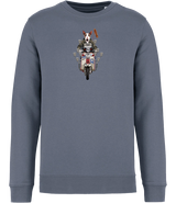 Ronnies Casuals mineral grey sweatshirt showing an english bull terrier dog dressed as a mod riding a mod scooter. Available in S, M, L, XL, 2XL, 3XL.