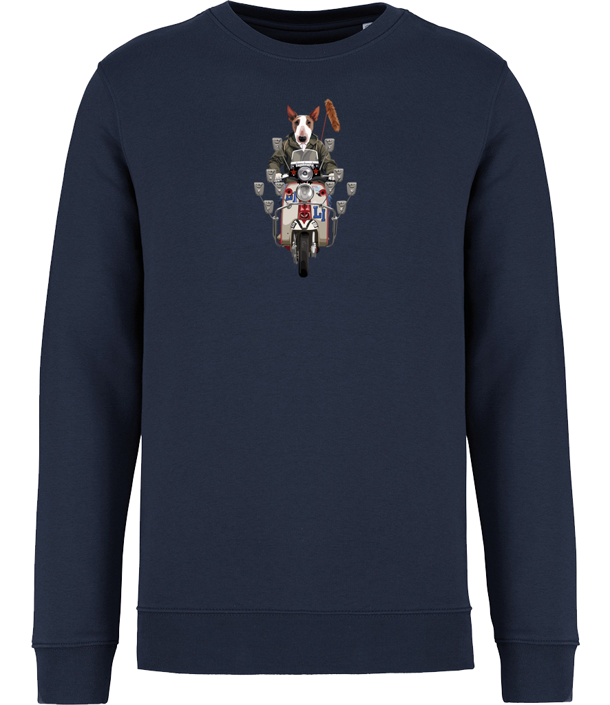 Ronnies Casuals navy sweatshirt showing an english bull terrier dog dressed as a mod riding a mod scooter. Available in S, M, L, XL, 2XL, 3XL.