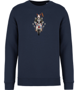 Ronnies Casuals navy sweatshirt showing an english bull terrier dog dressed as a mod riding a mod scooter. Available in S, M, L, XL, 2XL, 3XL.